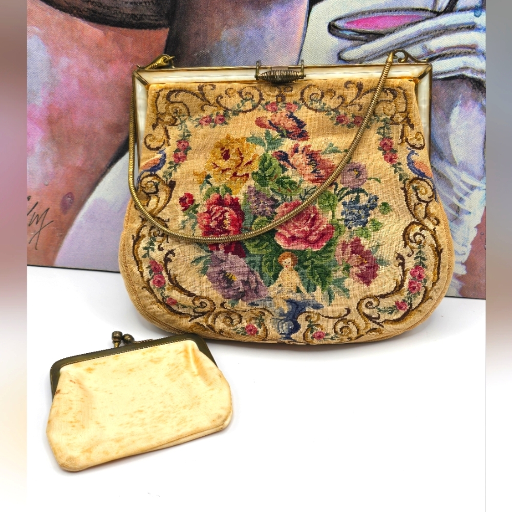 Vintage French Needlepoint Tapestry Floral Cherub Evening Handbag